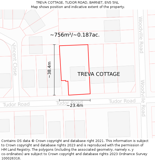 TREVA COTTAGE, TUDOR ROAD, BARNET, EN5 5NL: Plot and title map