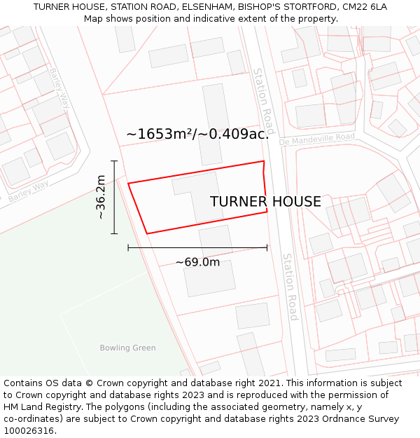 TURNER HOUSE, STATION ROAD, ELSENHAM, BISHOP'S STORTFORD, CM22 6LA: Plot and title map