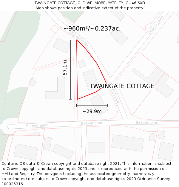 TWAINGATE COTTAGE, OLD WELMORE, YATELEY, GU46 6XB: Plot and title map