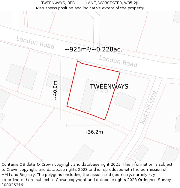 TWEENWAYS, RED HILL LANE, WORCESTER, WR5 2JL: Plot and title map