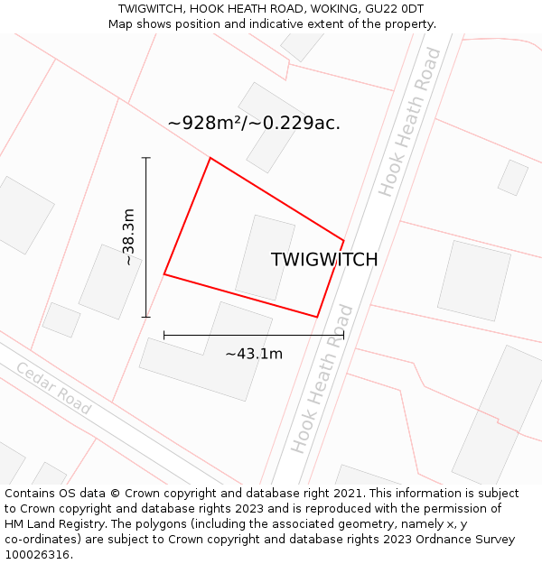 TWIGWITCH, HOOK HEATH ROAD, WOKING, GU22 0DT: Plot and title map