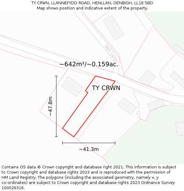 TY CRWN, LLANNEFYDD ROAD, HENLLAN, DENBIGH, LL16 5BD: Plot and title map