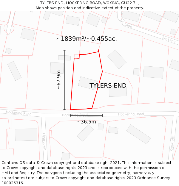 TYLERS END, HOCKERING ROAD, WOKING, GU22 7HJ: Plot and title map