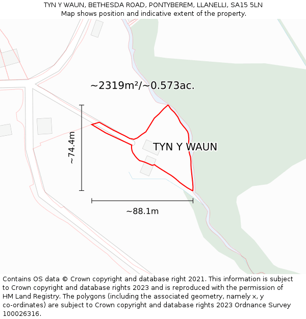 TYN Y WAUN, BETHESDA ROAD, PONTYBEREM, LLANELLI, SA15 5LN: Plot and title map