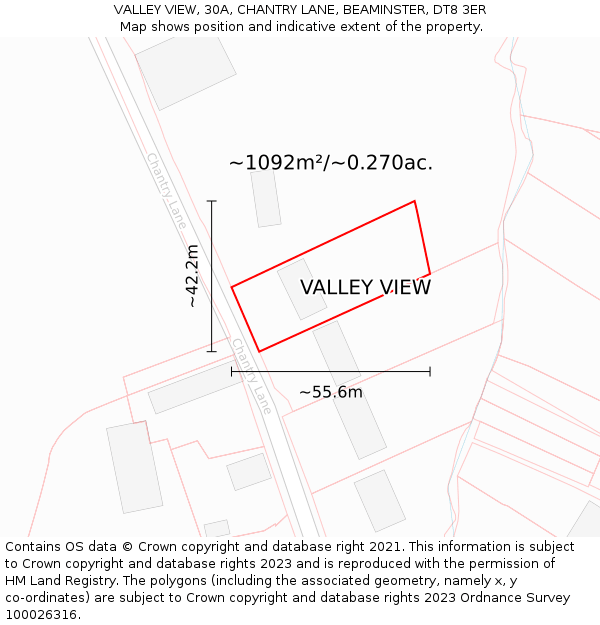 VALLEY VIEW, 30A, CHANTRY LANE, BEAMINSTER, DT8 3ER: Plot and title map