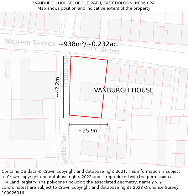 VANBURGH HOUSE, BRIDLE PATH, EAST BOLDON, NE36 0PA: Plot and title map