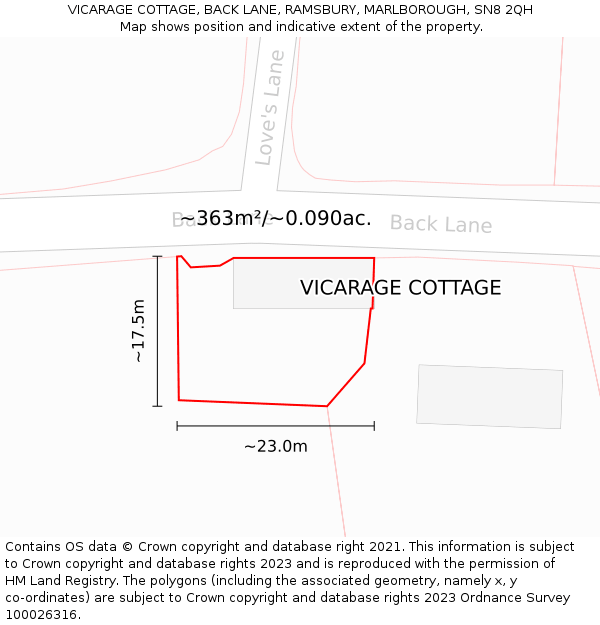 VICARAGE COTTAGE, BACK LANE, RAMSBURY, MARLBOROUGH, SN8 2QH: Plot and title map