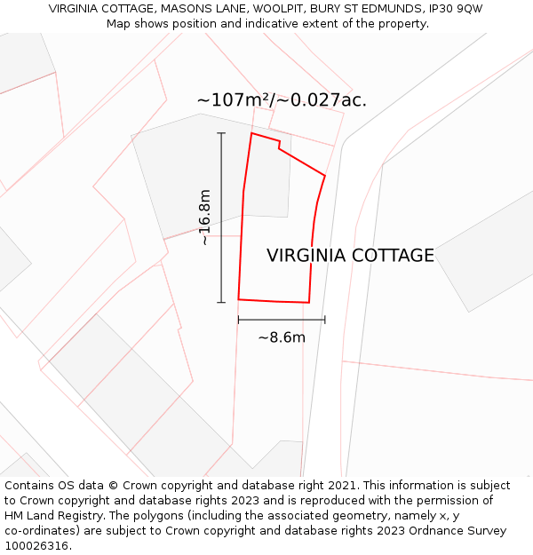 VIRGINIA COTTAGE, MASONS LANE, WOOLPIT, BURY ST EDMUNDS, IP30 9QW: Plot and title map