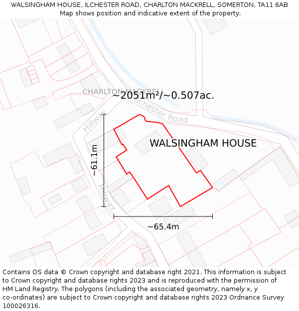 WALSINGHAM HOUSE, ILCHESTER ROAD, CHARLTON MACKRELL, SOMERTON, TA11 6AB: Plot and title map