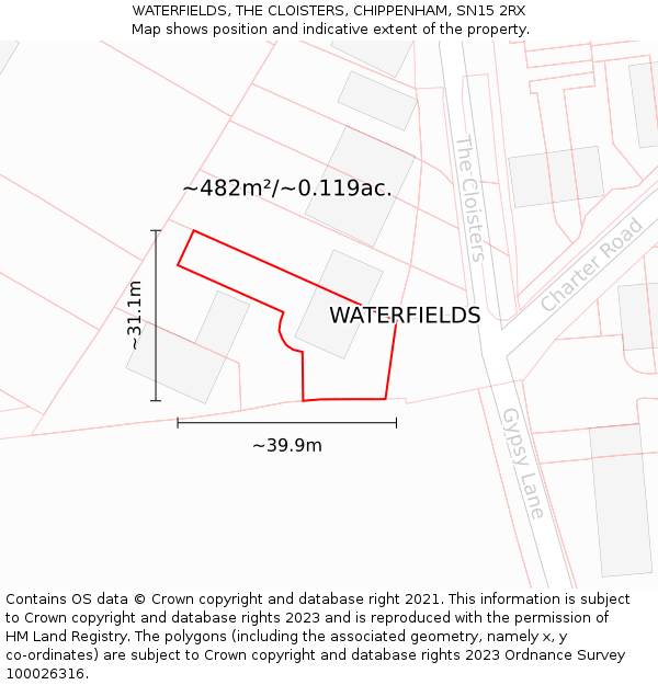 WATERFIELDS, THE CLOISTERS, CHIPPENHAM, SN15 2RX: Plot and title map