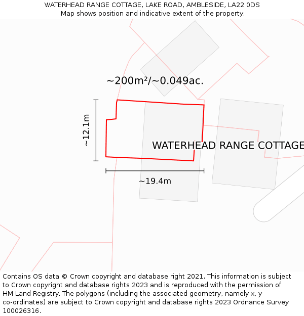 WATERHEAD RANGE COTTAGE, LAKE ROAD, AMBLESIDE, LA22 0DS: Plot and title map