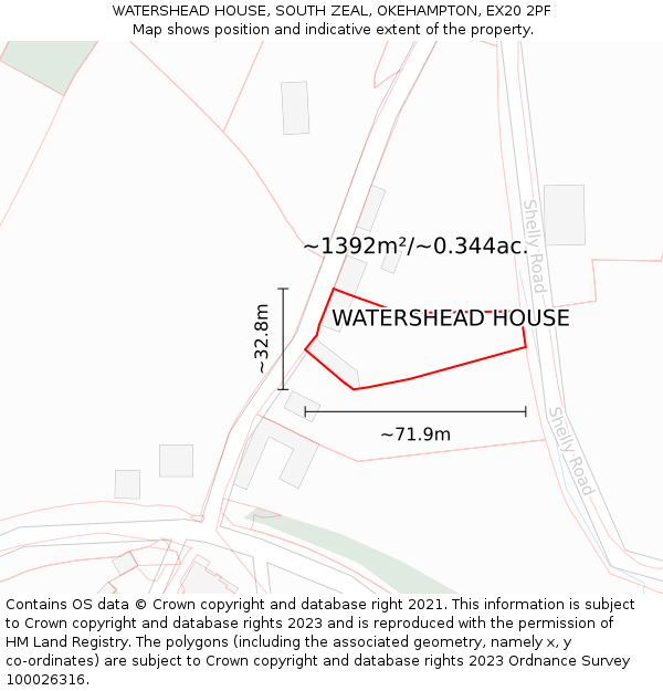 WATERSHEAD HOUSE, SOUTH ZEAL, OKEHAMPTON, EX20 2PF: Plot and title map