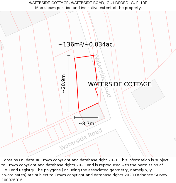 WATERSIDE COTTAGE, WATERSIDE ROAD, GUILDFORD, GU1 1RE: Plot and title map