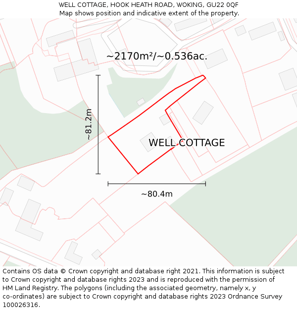 WELL COTTAGE, HOOK HEATH ROAD, WOKING, GU22 0QF: Plot and title map