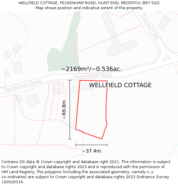 WELLFIELD COTTAGE, FECKENHAM ROAD, HUNT END, REDDITCH, B97 5QG: Plot and title map