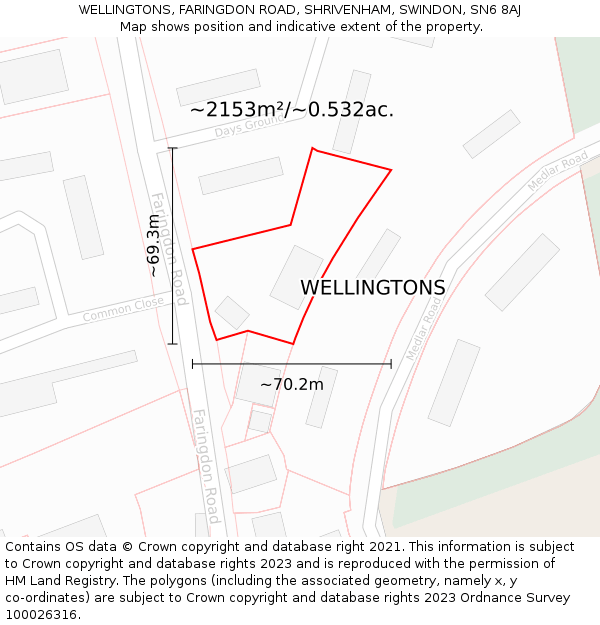 WELLINGTONS, FARINGDON ROAD, SHRIVENHAM, SWINDON, SN6 8AJ: Plot and title map