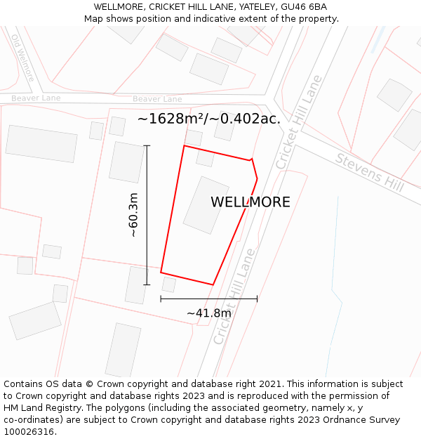 WELLMORE, CRICKET HILL LANE, YATELEY, GU46 6BA: Plot and title map