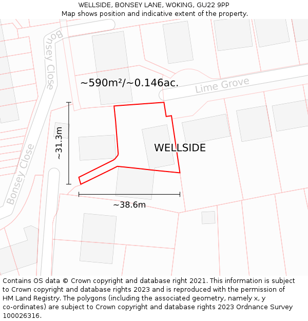 WELLSIDE, BONSEY LANE, WOKING, GU22 9PP: Plot and title map