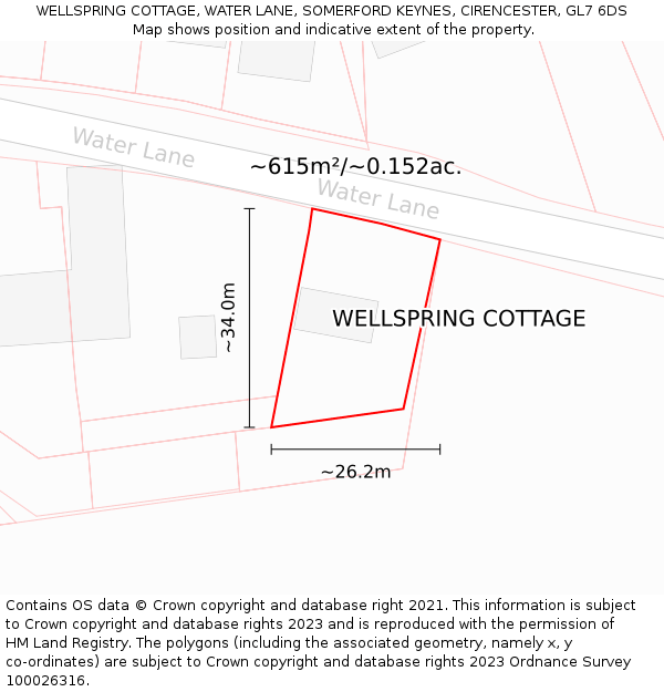 WELLSPRING COTTAGE, WATER LANE, SOMERFORD KEYNES, CIRENCESTER, GL7 6DS: Plot and title map