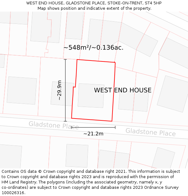 WEST END HOUSE, GLADSTONE PLACE, STOKE-ON-TRENT, ST4 5HP: Plot and title map