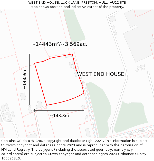 WEST END HOUSE, LUCK LANE, PRESTON, HULL, HU12 8TE: Plot and title map