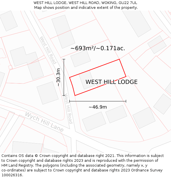 WEST HILL LODGE, WEST HILL ROAD, WOKING, GU22 7UL: Plot and title map