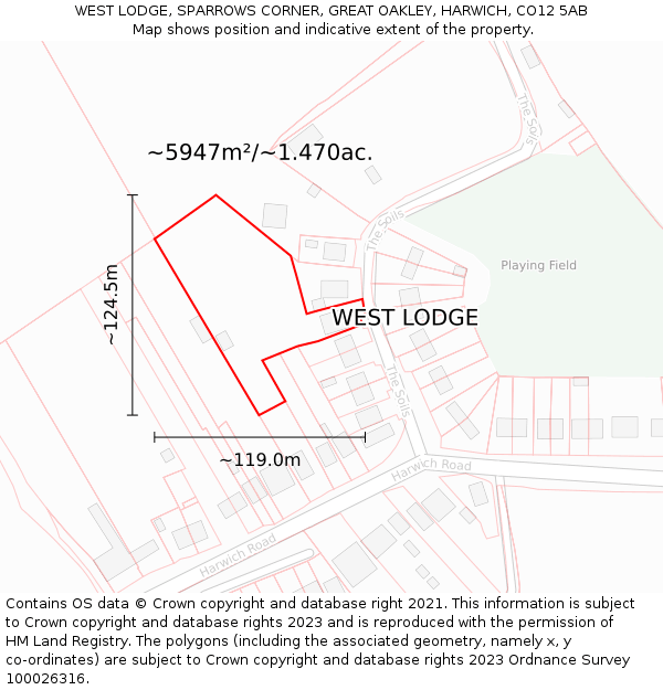 WEST LODGE, SPARROWS CORNER, GREAT OAKLEY, HARWICH, CO12 5AB: Plot and title map