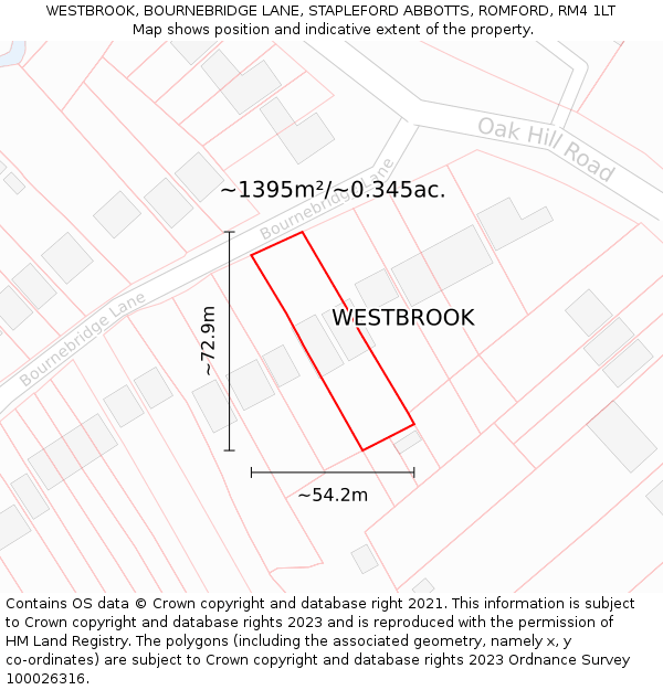 WESTBROOK, BOURNEBRIDGE LANE, STAPLEFORD ABBOTTS, ROMFORD, RM4 1LT: Plot and title map