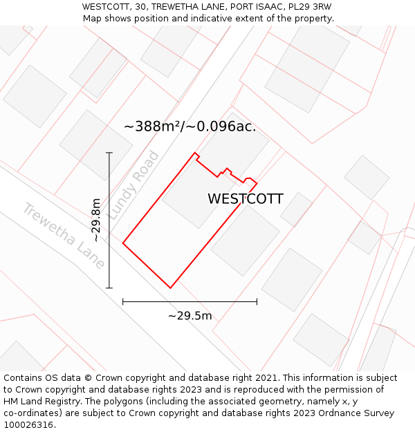 WESTCOTT, 30, TREWETHA LANE, PORT ISAAC, PL29 3RW: Plot and title map