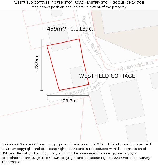 WESTFIELD COTTAGE, PORTINGTON ROAD, EASTRINGTON, GOOLE, DN14 7QE: Plot and title map