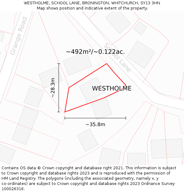 WESTHOLME, SCHOOL LANE, BRONINGTON, WHITCHURCH, SY13 3HN: Plot and title map