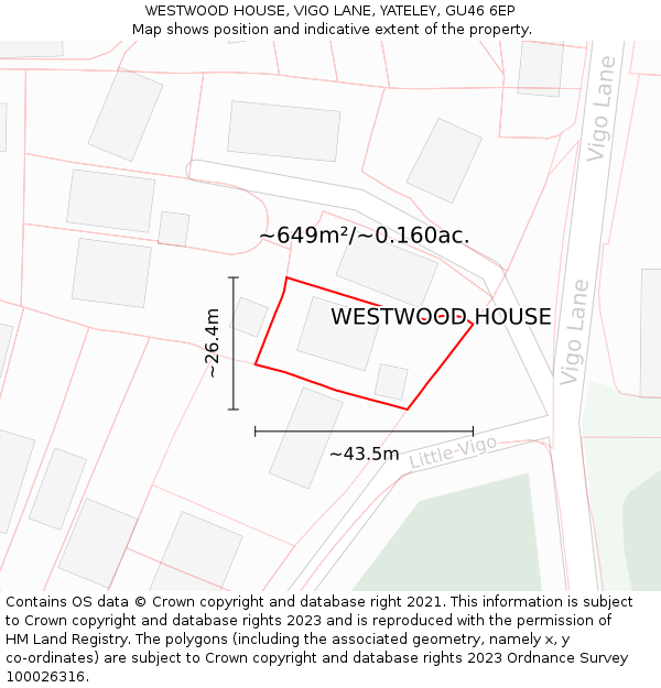 WESTWOOD HOUSE, VIGO LANE, YATELEY, GU46 6EP: Plot and title map