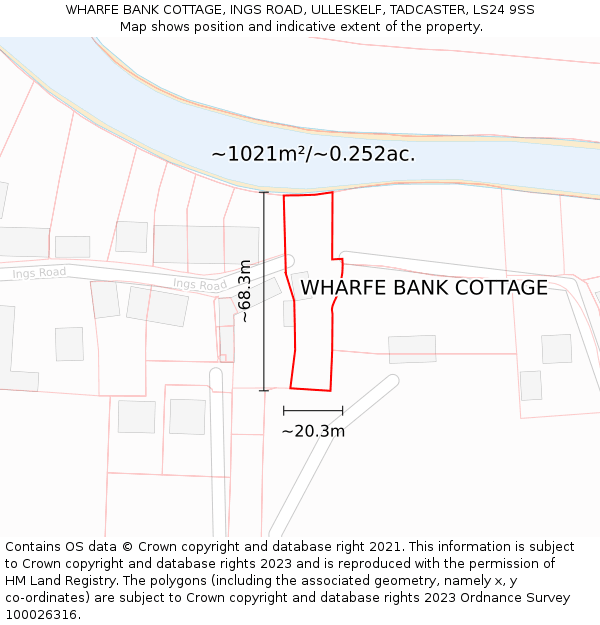 WHARFE BANK COTTAGE, INGS ROAD, ULLESKELF, TADCASTER, LS24 9SS: Plot and title map