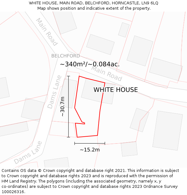 WHITE HOUSE, MAIN ROAD, BELCHFORD, HORNCASTLE, LN9 6LQ: Plot and title map