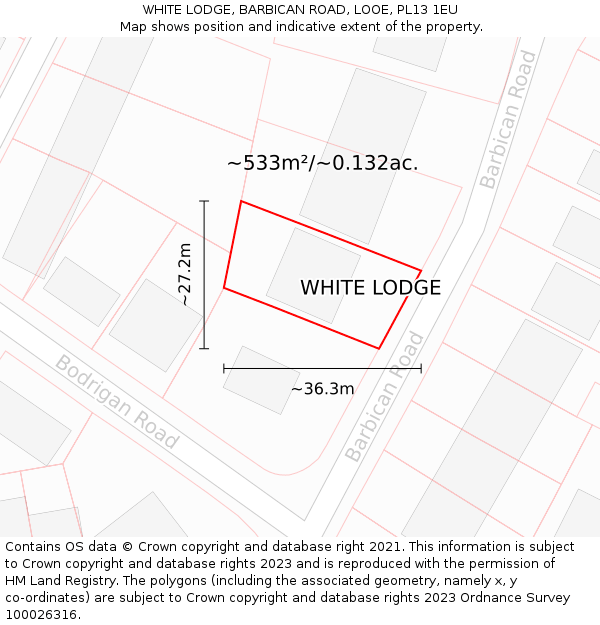 WHITE LODGE, BARBICAN ROAD, LOOE, PL13 1EU: Plot and title map