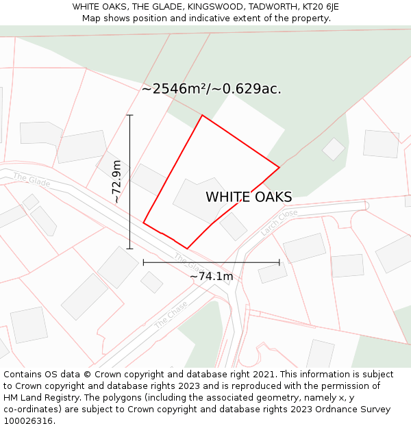 WHITE OAKS, THE GLADE, KINGSWOOD, TADWORTH, KT20 6JE: Plot and title map