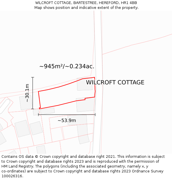 WILCROFT COTTAGE, BARTESTREE, HEREFORD, HR1 4BB: Plot and title map