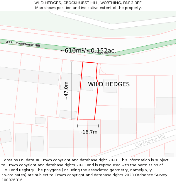WILD HEDGES, CROCKHURST HILL, WORTHING, BN13 3EE: Plot and title map