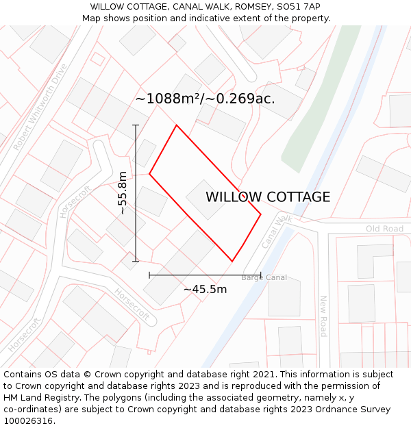 WILLOW COTTAGE, CANAL WALK, ROMSEY, SO51 7AP: Plot and title map