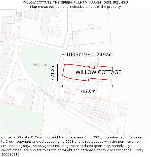 WILLOW COTTAGE, THE GREEN, PULHAM MARKET, DISS, IP21 4SU: Plot and title map