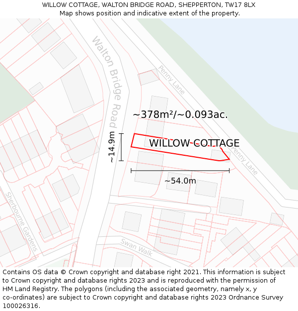 WILLOW COTTAGE, WALTON BRIDGE ROAD, SHEPPERTON, TW17 8LX: Plot and title map