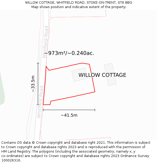 WILLOW COTTAGE, WHITFIELD ROAD, STOKE-ON-TRENT, ST6 8BG: Plot and title map
