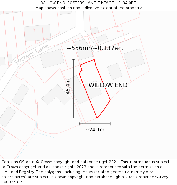 WILLOW END, FOSTERS LANE, TINTAGEL, PL34 0BT: Plot and title map