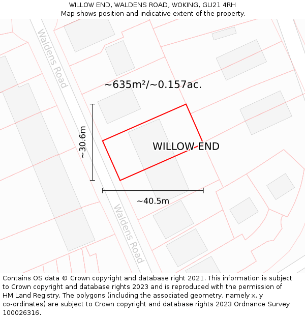 WILLOW END, WALDENS ROAD, WOKING, GU21 4RH: Plot and title map