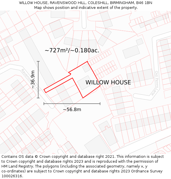 WILLOW HOUSE, RAVENSWOOD HILL, COLESHILL, BIRMINGHAM, B46 1BN: Plot and title map