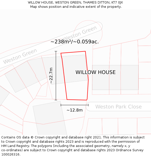 WILLOW HOUSE, WESTON GREEN, THAMES DITTON, KT7 0JX: Plot and title map