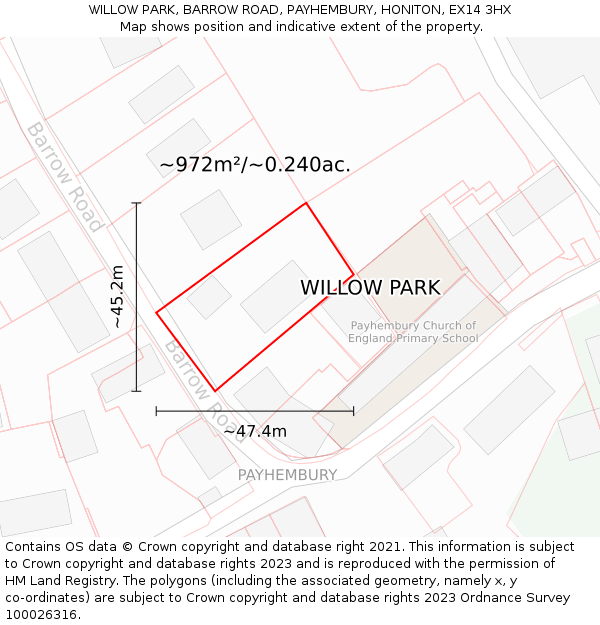 WILLOW PARK, BARROW ROAD, PAYHEMBURY, HONITON, EX14 3HX: Plot and title map