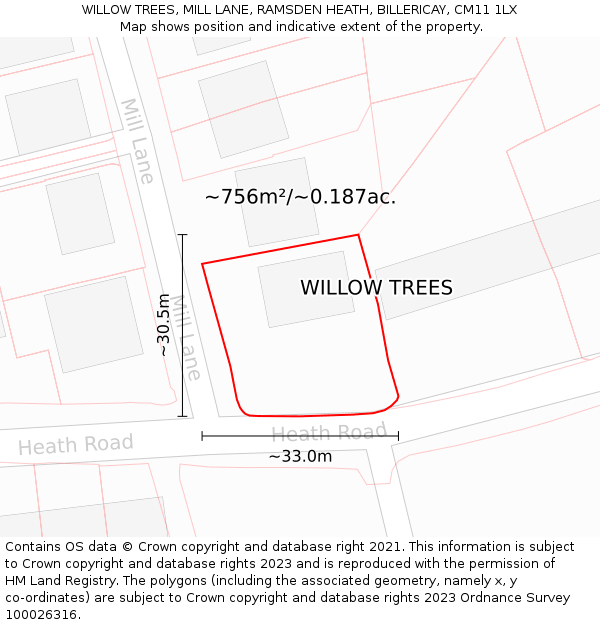 WILLOW TREES, MILL LANE, RAMSDEN HEATH, BILLERICAY, CM11 1LX: Plot and title map