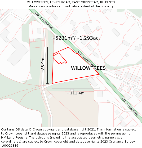 WILLOWTREES, LEWES ROAD, EAST GRINSTEAD, RH19 3TB: Plot and title map