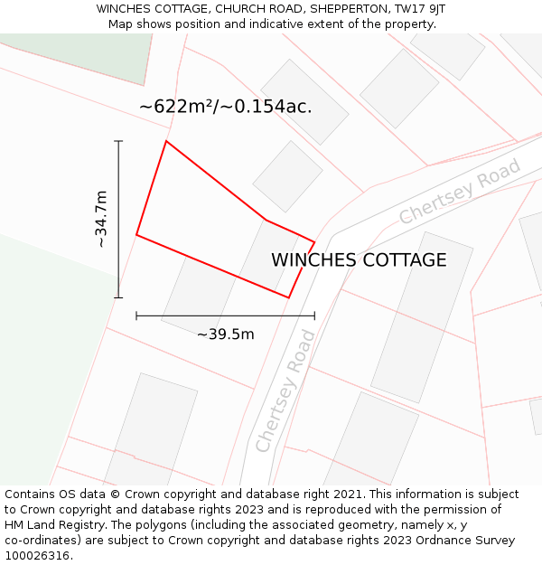 WINCHES COTTAGE, CHURCH ROAD, SHEPPERTON, TW17 9JT: Plot and title map